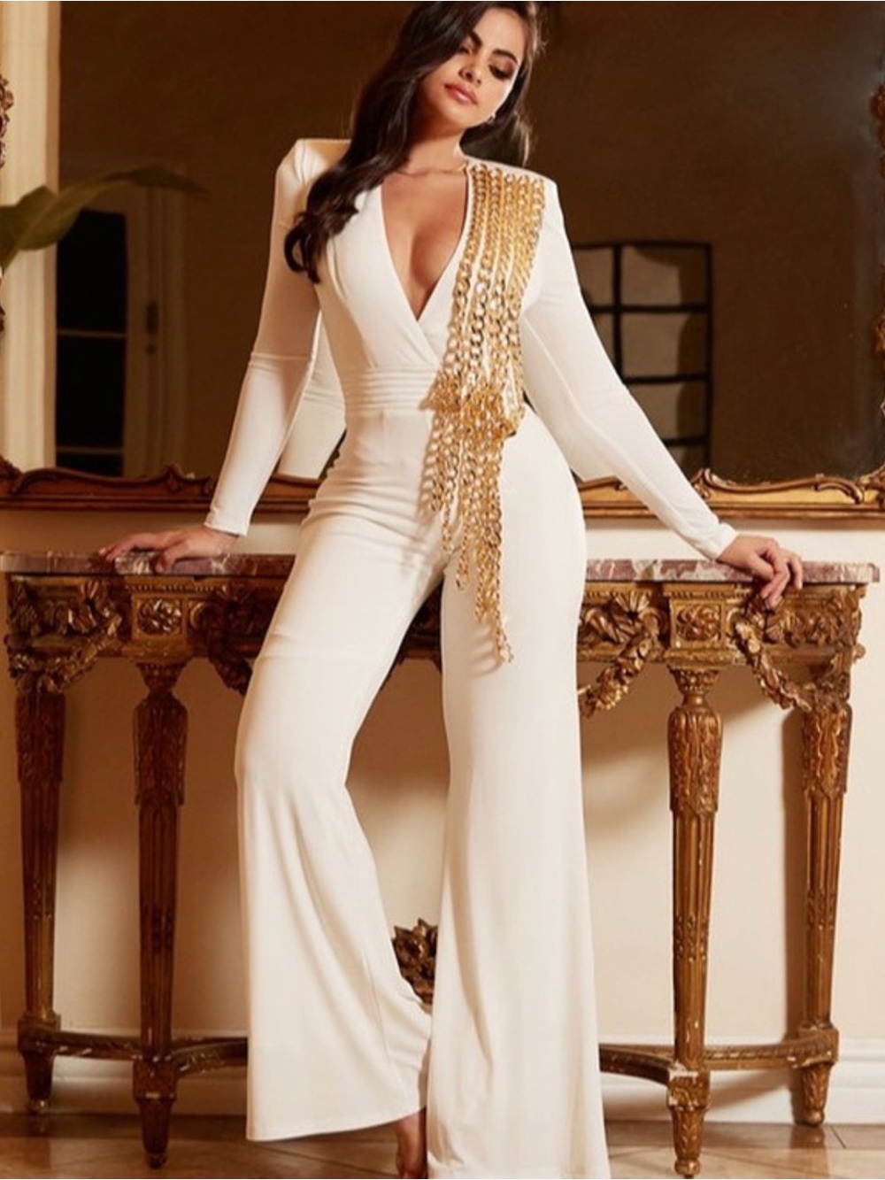 L'ATISTE Ivory Long-Sleeve Jumpsuit with Gold Chain Draping